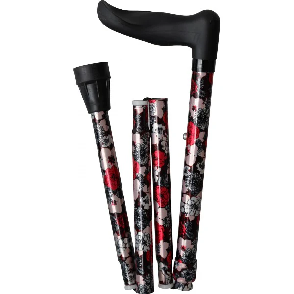 Folding Anatomic Aluminium Walking Stick - Red Flowers